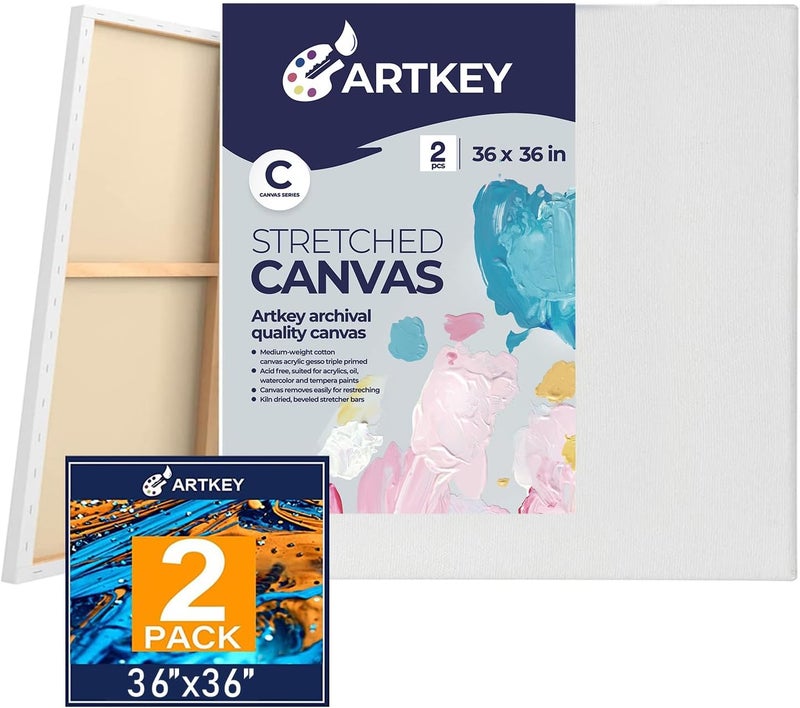 Artkey Large Canvas for Painting 36x36 Inch 2-Pack, 12.3 oz Triple Primed 100% Cotton Stretched Canvas, Blank Large Canvases for Oil Paint Acrylics Pouring & Wet Art Media - Image 1
